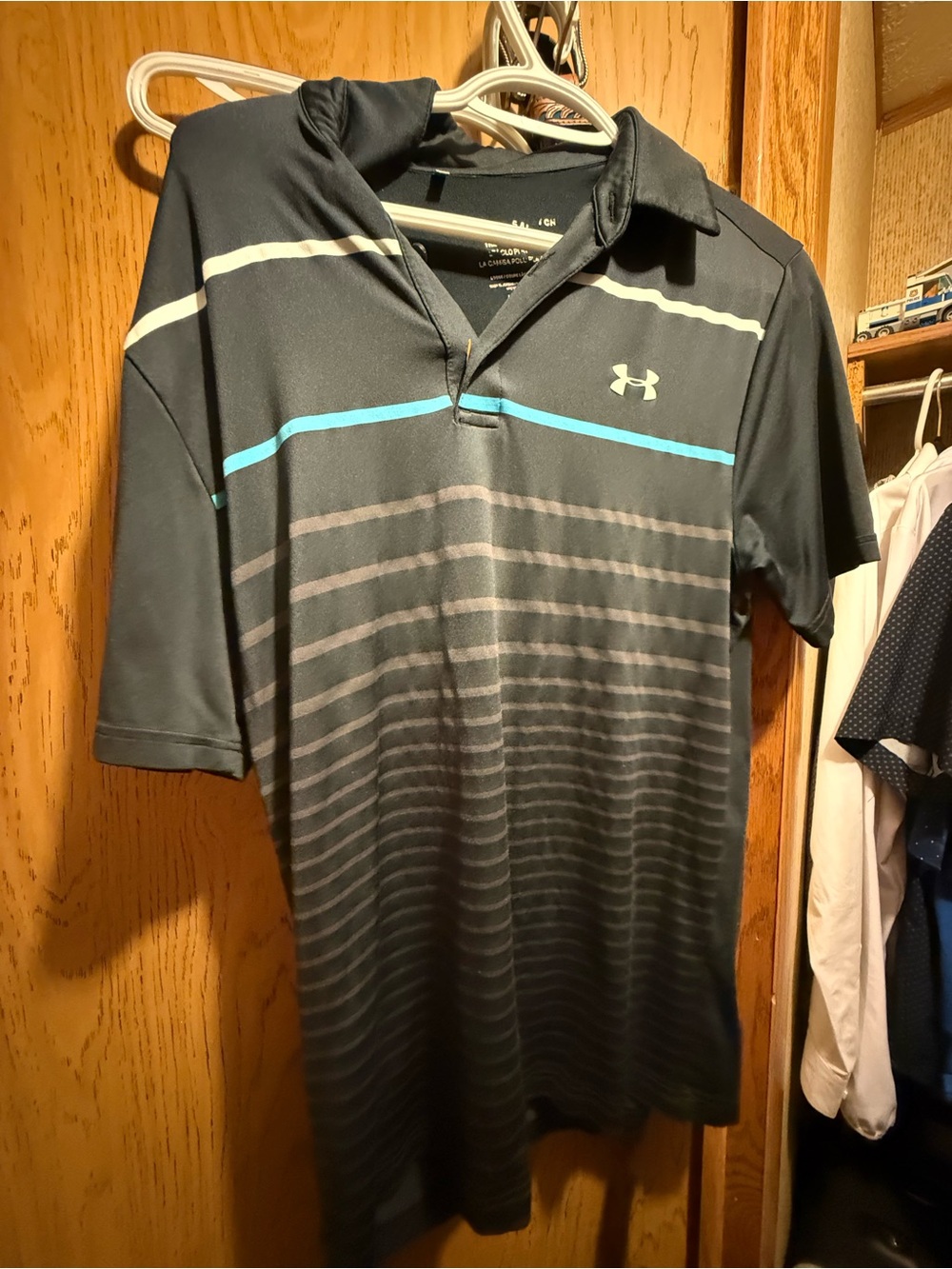 Under Armour Men’s Black Polo with Teal and Cream Stripes